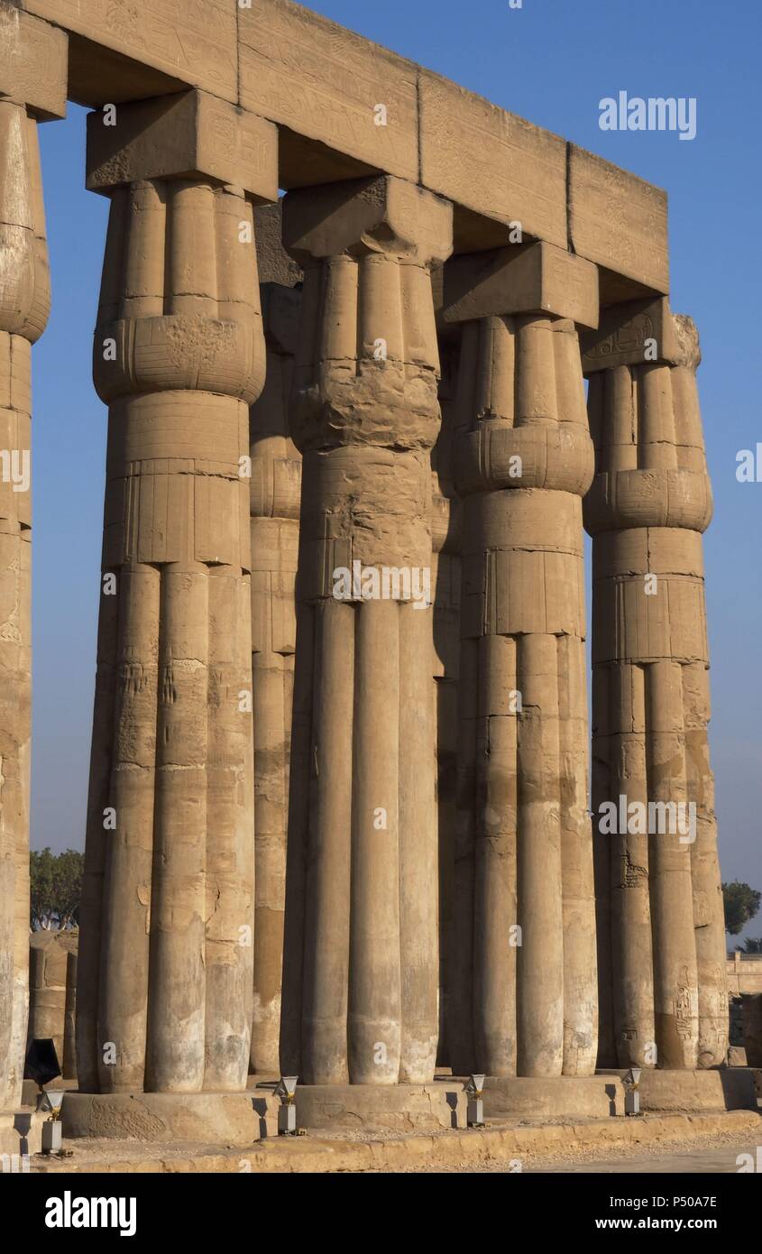 L'Egitto. Tempio di Luxor. Corte di Amenhotep III composto da fasciculate colonne con capitelli di papiro. Dinastia XVIII. Nuovo Regno. Antica Tebe. "Waset'. Foto Stock