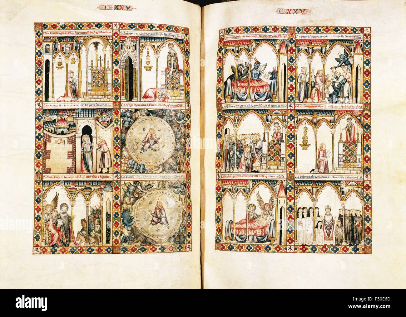 Le Cantigas de Santa Maria (cantici di Santa Maria). Sono 420 poesie con la notazione musicale, scritto in galiziano-portoghese durante la reigh di Alfonso X El Sabio (1221-1284) e spesso attribuiti a lui. Manoscritto El Escorial. Il patrimonio nazionale. Foto Stock