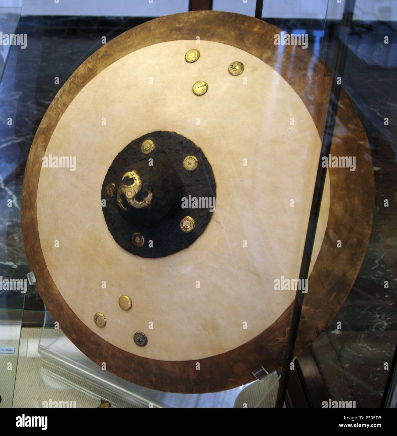 Ricostruzione di uno scudo medievale. Museo Nazionale dell'Alto Medioevo (Museo dell' Alto Medioevo). Roma. L'Italia. Foto Stock