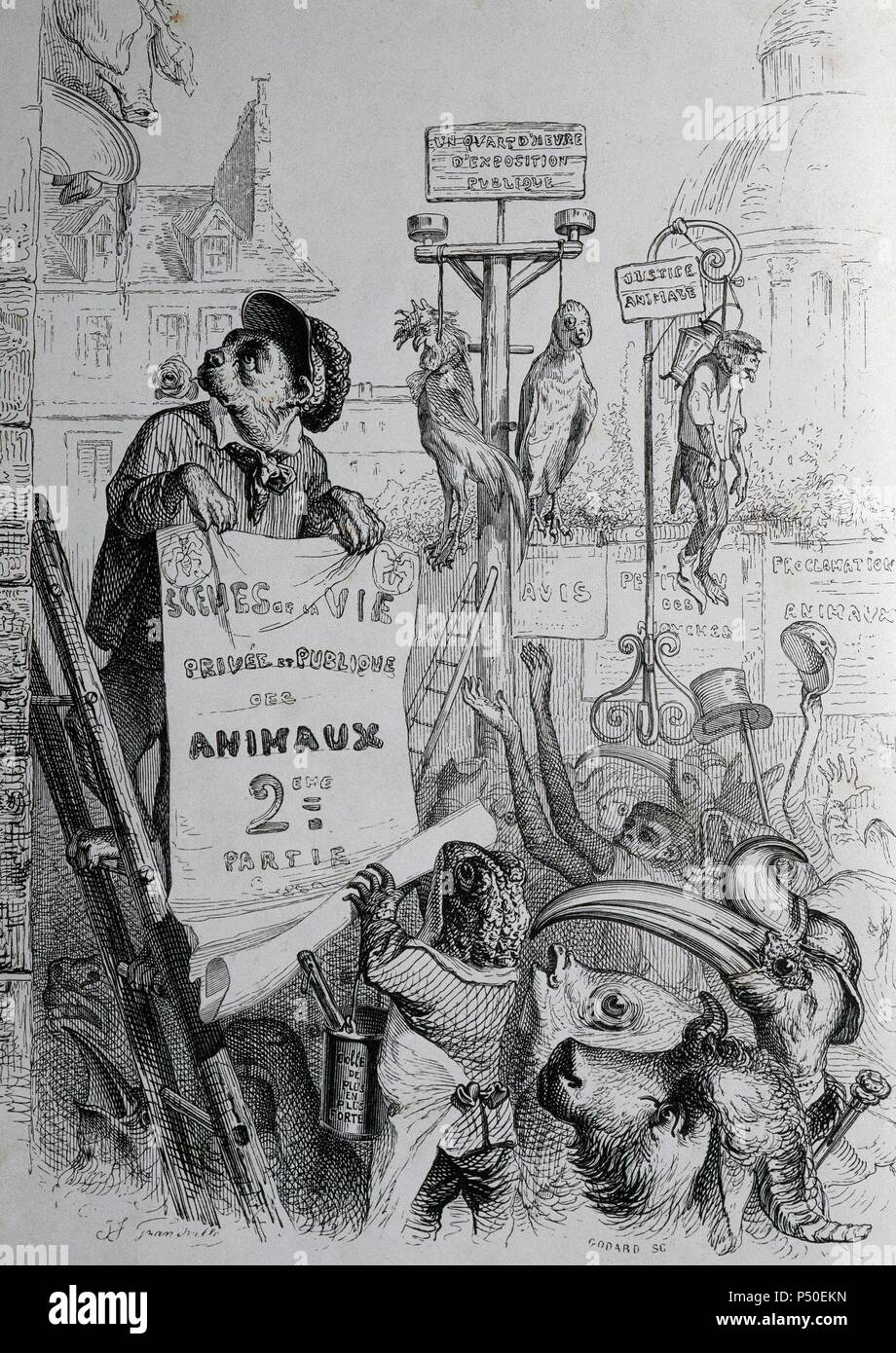 J.J. Grandville (pseudonimo di Jean Ignace Isidore Gerard) (1803-1847). Caricaturista francese. La vita privata e pubblica degli animali. La satira della società francese del 1840 attraverso gli occhi degli animali. La litografia satirico. Parigi, edito da J. Hetzel, 1842. Foto Stock