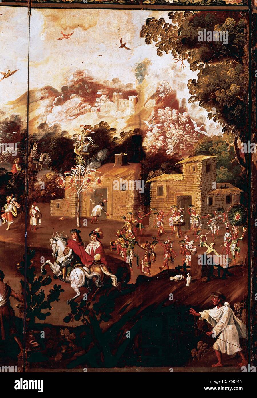 Messico. Il XVII secolo. Anonimo. El Palo Volador (Flying polo). Schermata Piegatura composta da una decina di foglie che rappresentano i festeggiamenti con il mestizo e popolazione indigena. Dettaglio. Natives dancing in un cerchio e un paio di spagnolo del Signore e della signora attraversando il prato a cavallo. Olio su tela. Museum of America. Madrid. Spagna. Foto Stock