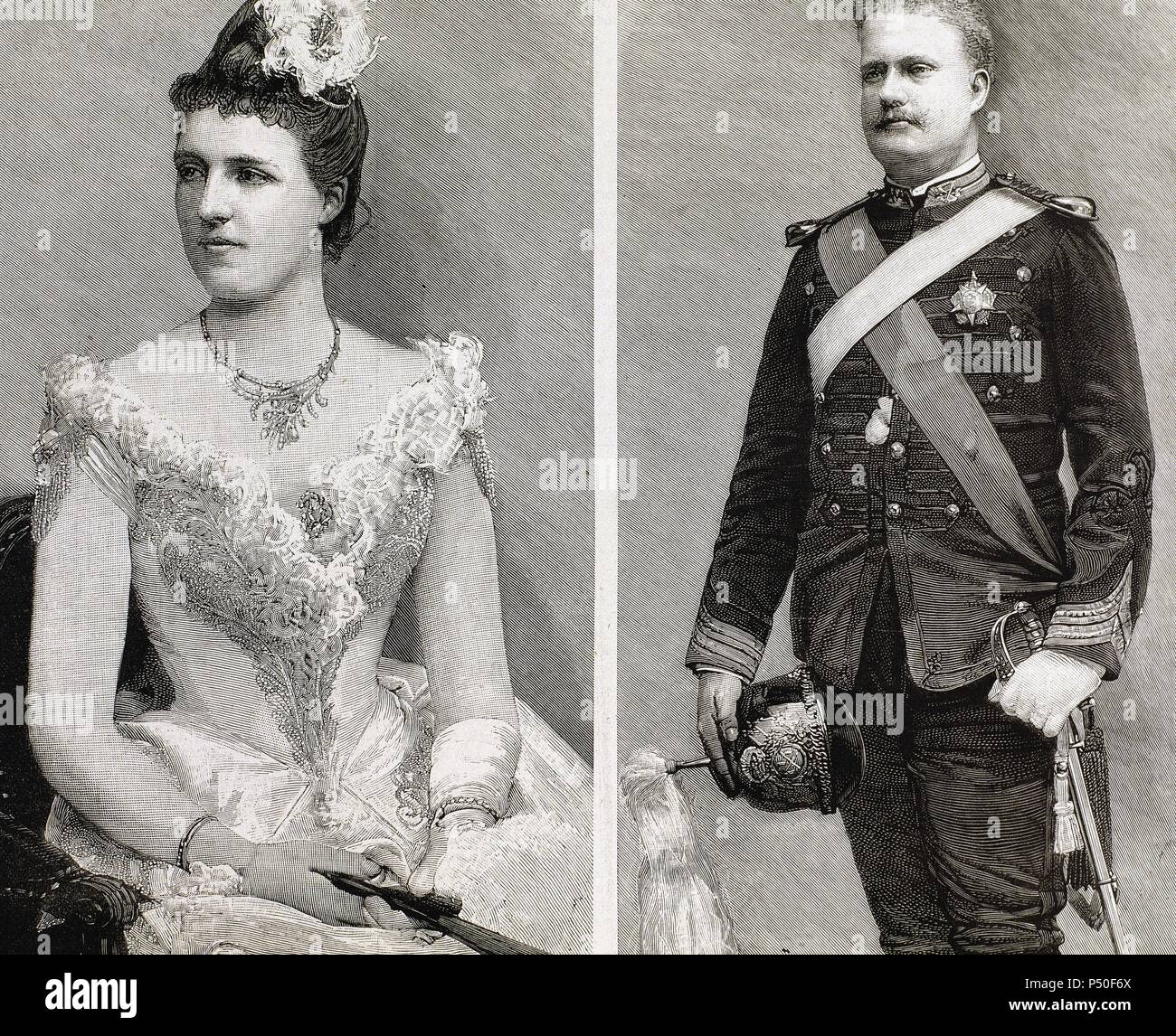 Carlo I del Portogallo (1863-1908). Il re del Portogallo e del Algarves (1889-1908) e sua moglie Amelie di Orleans (1865-1951). Incisione. Foto Stock