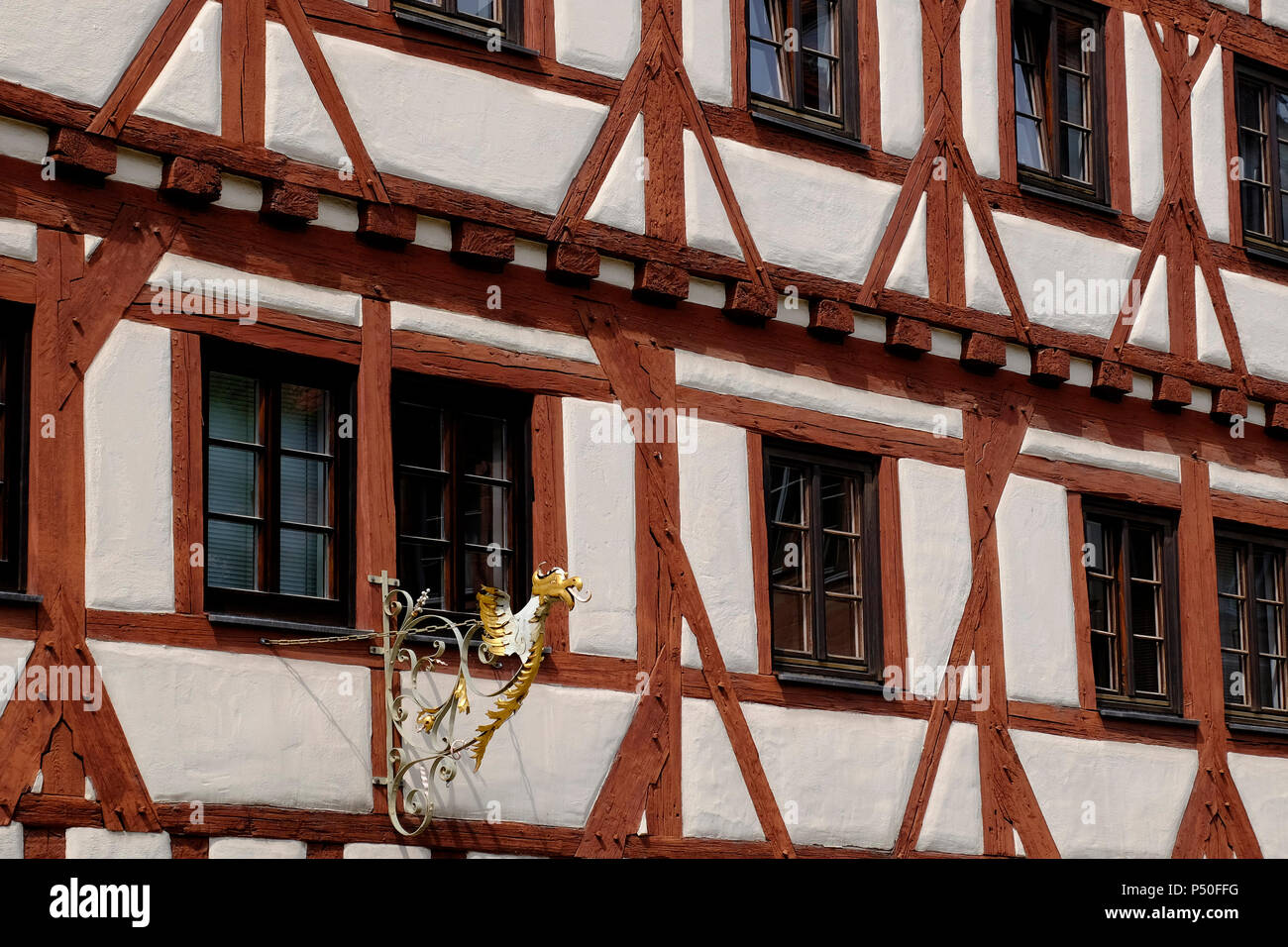 Casa con travi di legno a Norimberga, Germania. Foto Stock