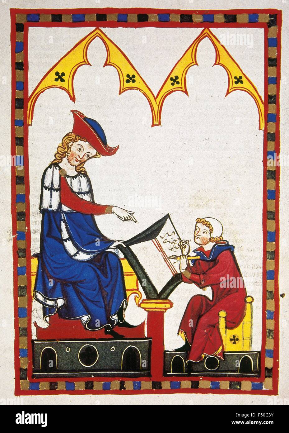 Konrad von Wurzburg, morto nel 1287, impone ad uno scriba. Fol. 383r. Codex Manesse (ca.1300) da Rudiger Manesse e suo figlio Johannes. Università di Heidelberg. Libreria. Germania. Foto Stock