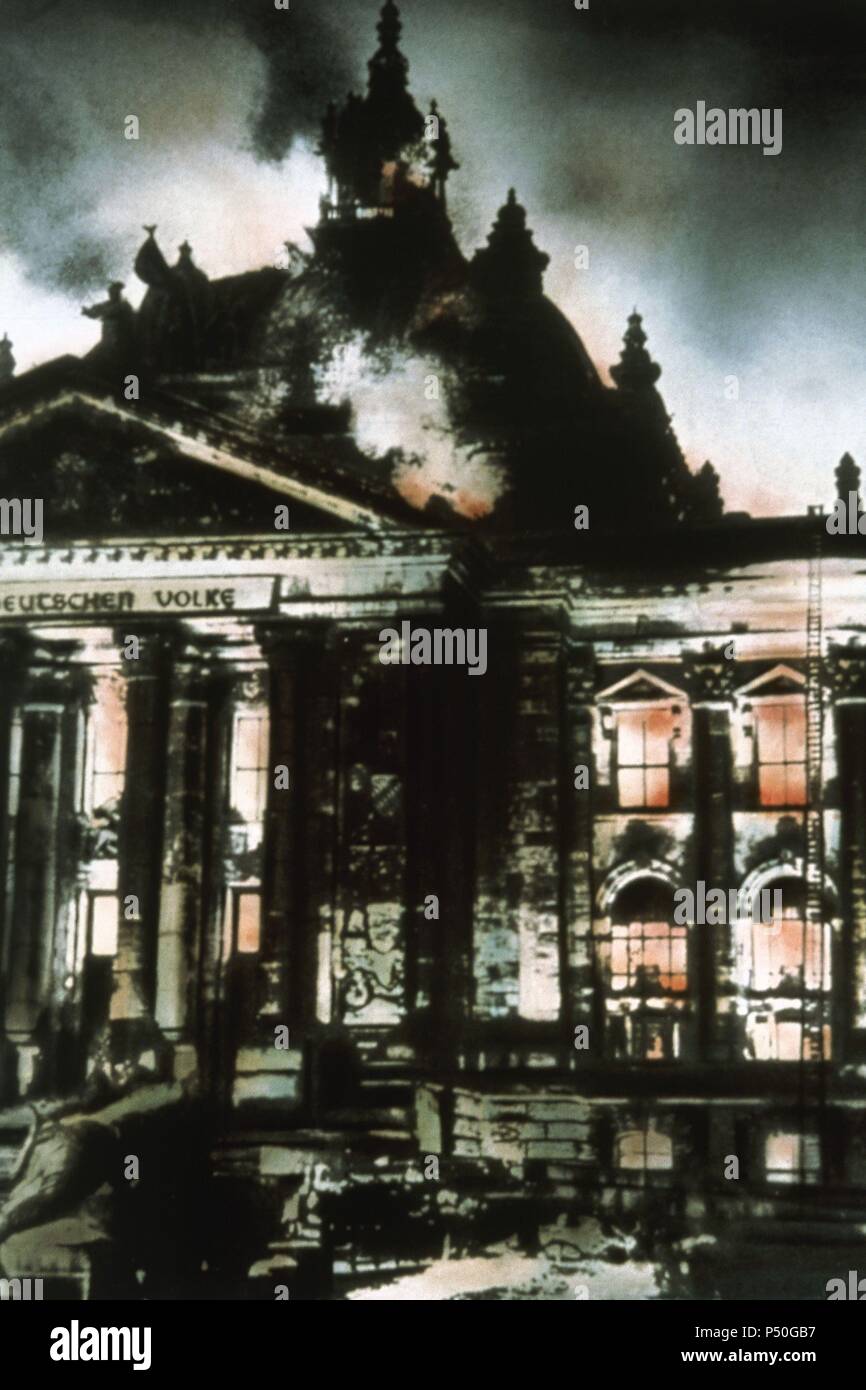 Il Reichstag incendio al 1933, 27 febbraio. Berlino. Germania. Foto Stock