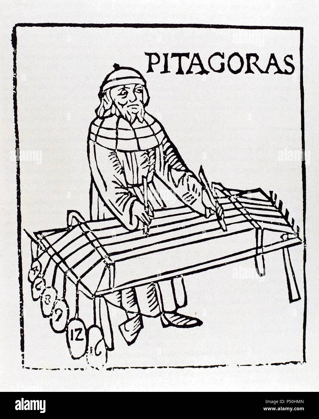 Pitagora di Samo (570 BC-495 BC). Ionico greco filosofo e matematico. Incisione di Theo Gafurius, 1492. Milano, Italia. Foto Stock