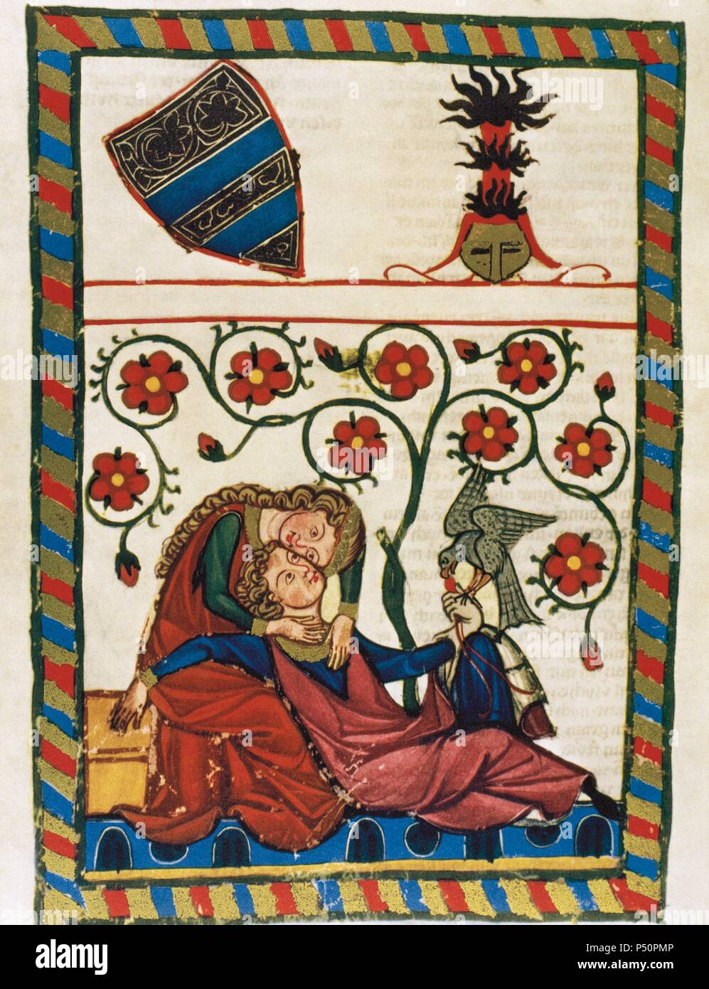 Konrad von Altstetten, ministeriale svizzero poggia con la sua amata dopo una caccia di panna montata. Fol. 249v. Codex Manesse (ca.1300) da Rudiger Manesse e suo figlio Johannes. Università di Heidelberg. Libreria. Germania. Foto Stock