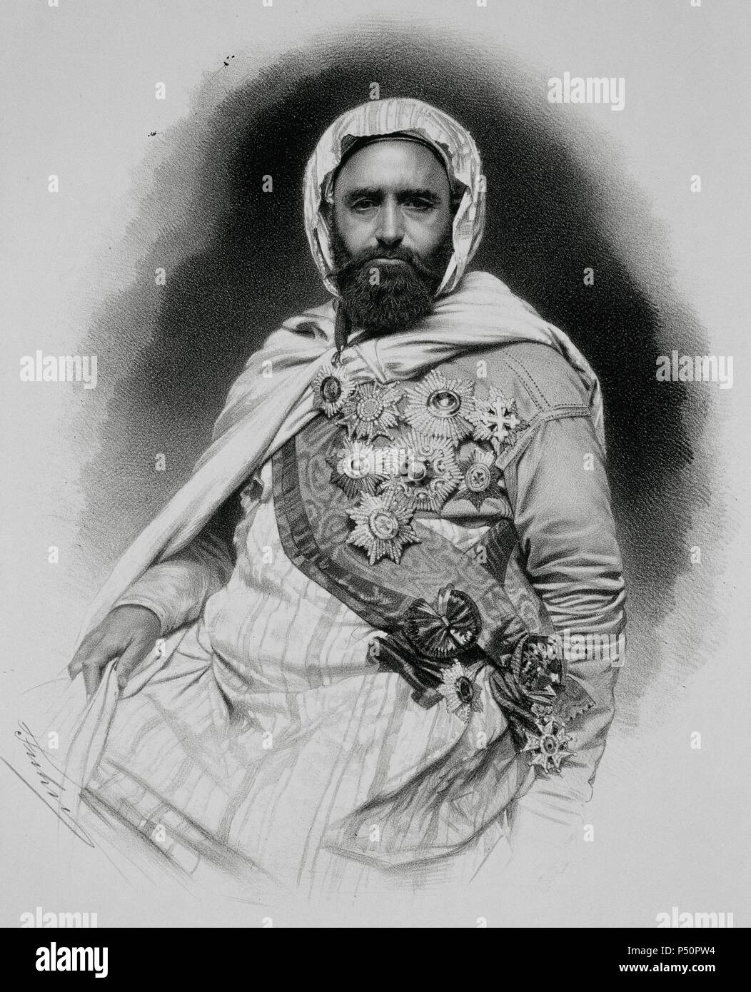 Abdelkader El Djezairi (1808-1883). Politico algerino e militari. Incisione, 1887. Foto Stock