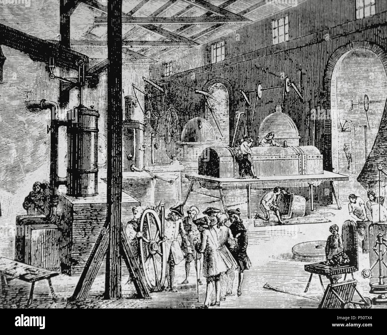 La rivoluzione industriale. Londra. Interno di una fabbrica inglese. Fine del XVIII secolo. Diciannovesimo secolo. Foto Stock
