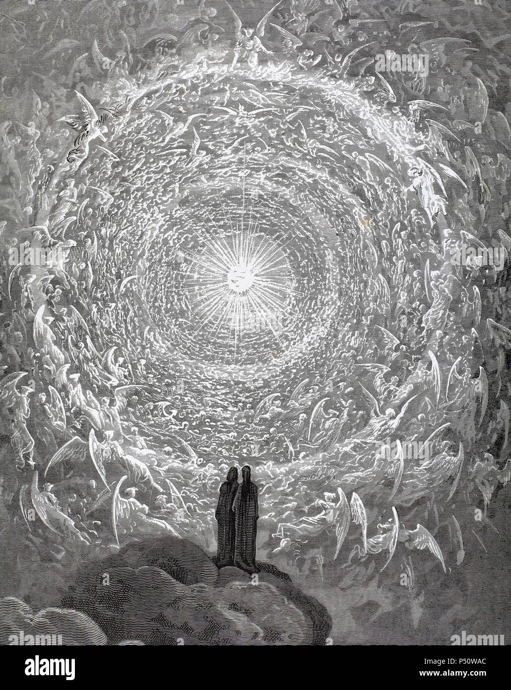 "LA DIVINA COMEDIA". Poema escrito en toscano donde se relata el viaje de su autor, DANTE ALIGHIERI, para llegar a la CONTEMPLACION DIVINA. 'MOSTRANDOSE PUES EN FORMA DE CANDIDA ROSA LA SANTA MILICIA' (Paraíso, c. XXXI). Grabado de Gustave Doré. Foto Stock