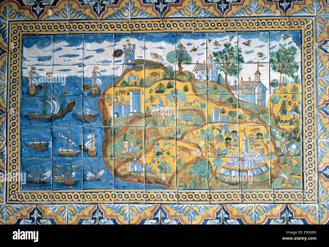 ISLA DE MALLORCA, posiblemente vista desde el Puerto de Alcudia, representada en conjunto onu anónimo de policromados azulejos del s, XVII (87 x 147 cms). Procedere de la capilla DE LOS REYES, en el CLAUSTRO DEL Monasterio de Pedralbes (primer piso, ala oeste). Museo del Monasterio de Pedralbes. Barcellona. Foto Stock