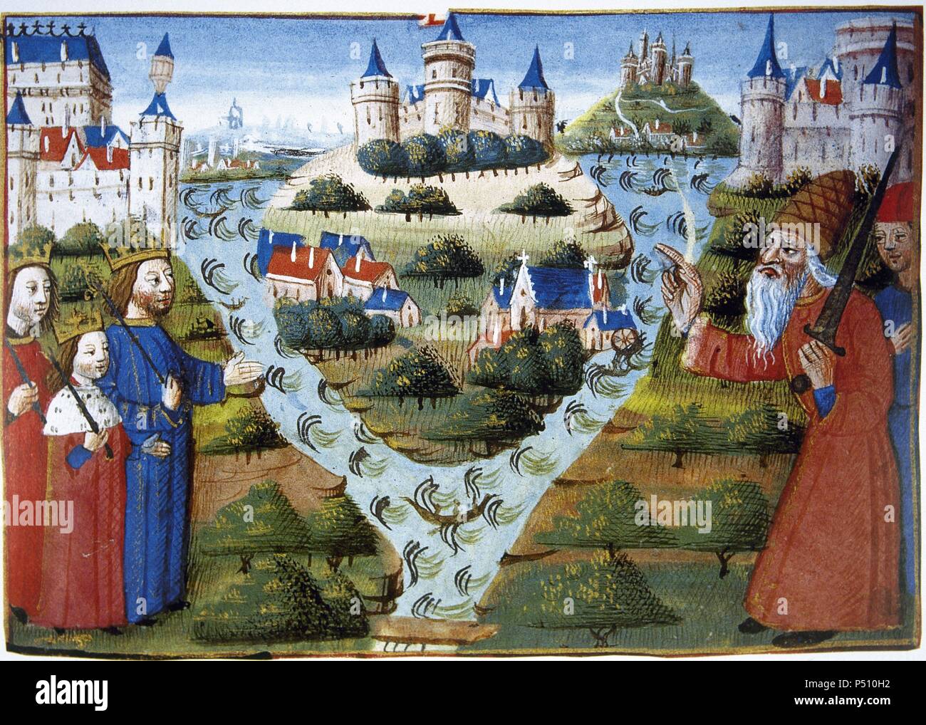 Trattato di Verdun (843). Accordo tra i figli di Luigi il Pio, Lothair I, Louis il Germanico e Carlo il Calvo, per dividere i territori dell'Impero Carolingio, sotto il quale Lothair ha ricevuto anche il titolo imperiale come figlio più anziano. Miniatura appartenenti al "Croniques des Rois de France." del XV secolo. Foto Stock