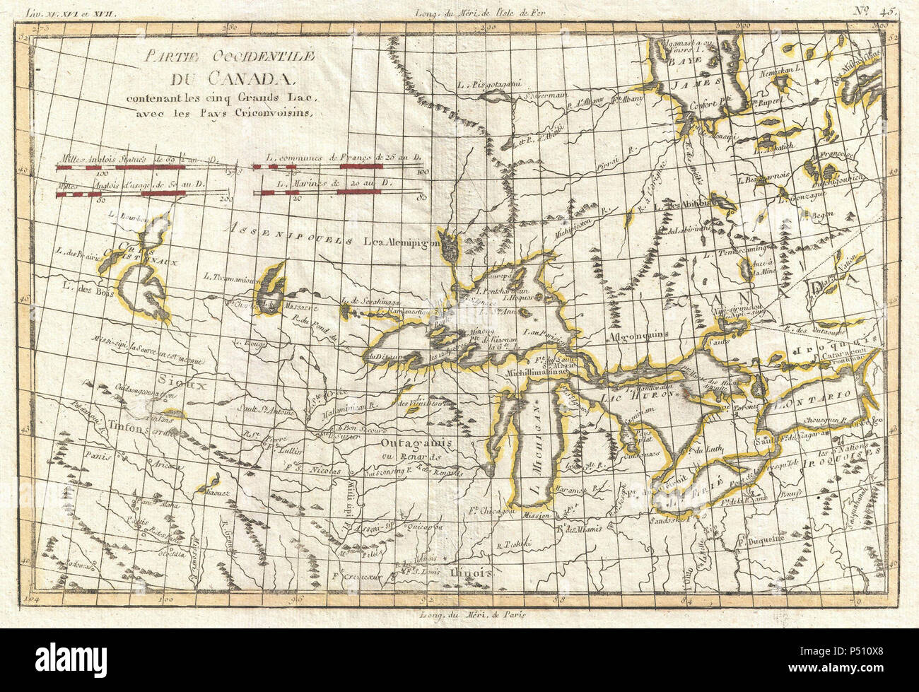 1775 Bonne Mappa della regione dei Grandi laghi e alto Mississippi - Geographicus - GreatLakes-bonne-1775. Foto Stock