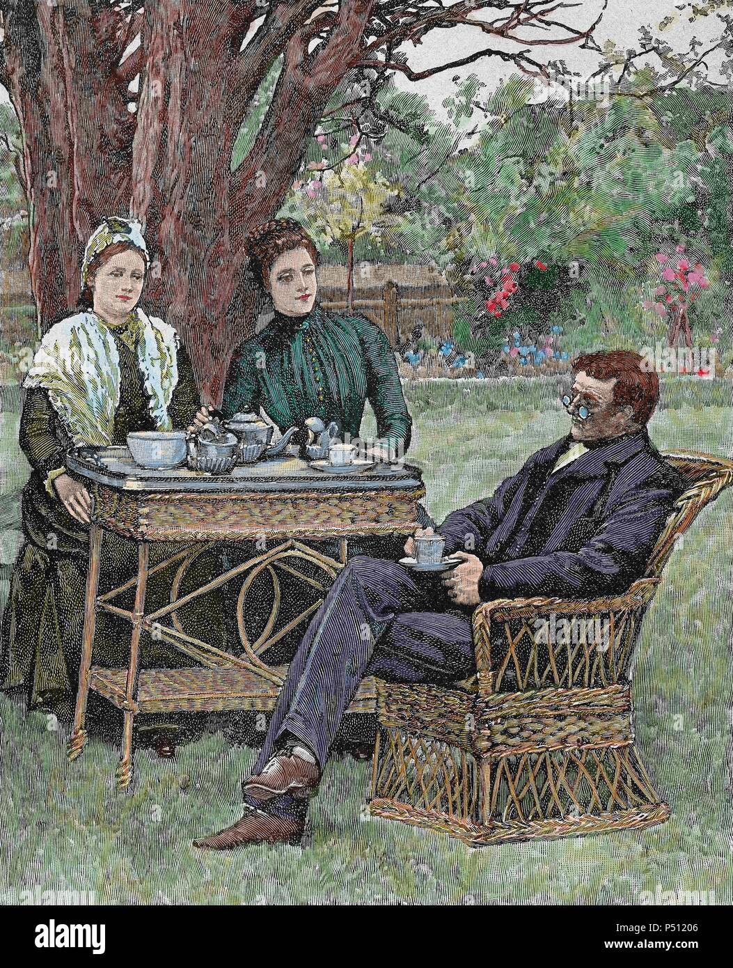 Bere il caffè in giardino. Incisione colorata, 1876. Foto Stock