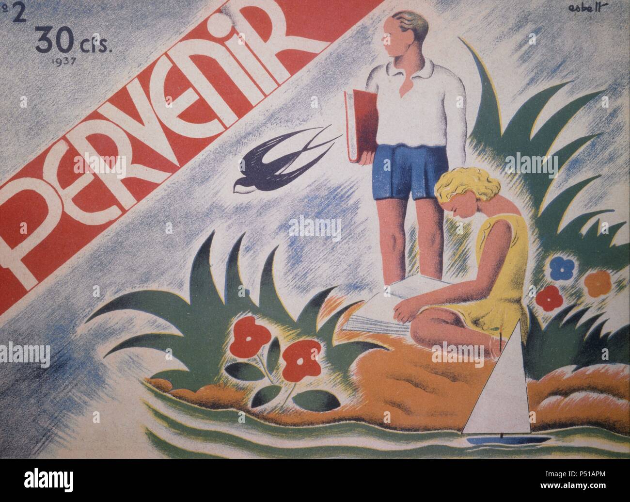 Portada de la revista infantil 'Perventir' ; Edición Catalana; publicada por la F.R.E.R.; EN VIA Durruti nº32 de Barcelona; 2 de noviembre de 1937. Foto Stock