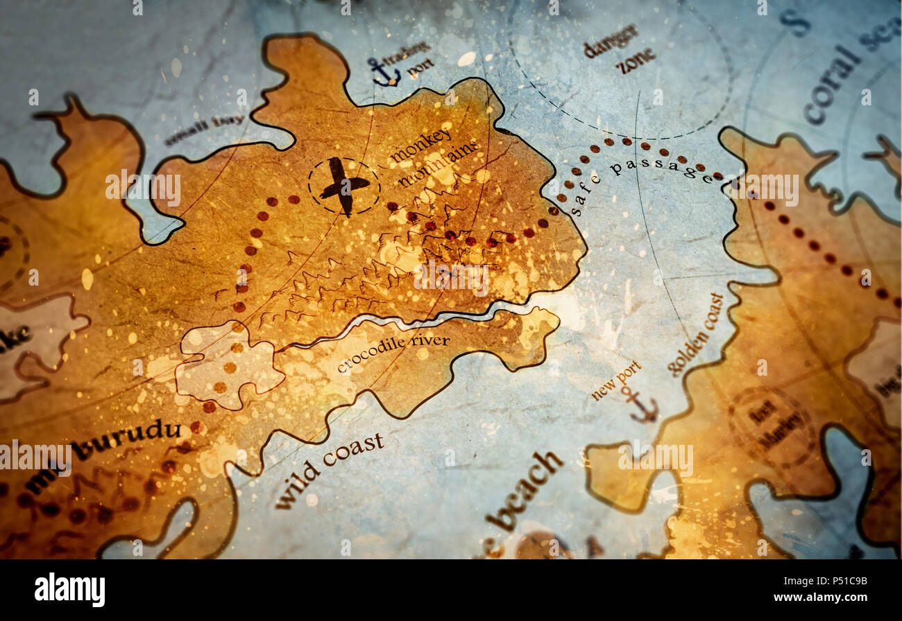 L'isola del tesoro mappa vecchia illustrazione Foto Stock