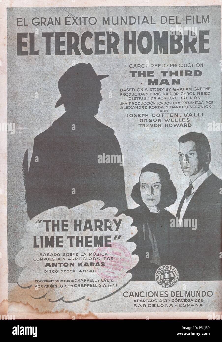Partitura musical de la banda sonora de la película " El tercer hombre', dirigida por Carol Reed, protagonizada por Joseph Cotten, Alida Valli, Orson Wells y Trevor Howard. Música de Anton Karas. Barcellona, 1949. Foto Stock