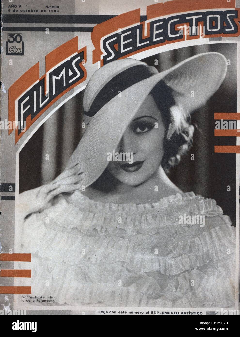 Revista de cine film selectos, número 208, Barcellona, 6 octubre 1934. Fotografía en portada de Frances Drake (1912-2000), actriz americana de la Paramount. Foto Stock