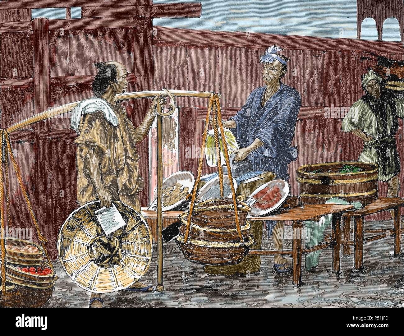 La storia giapponese. Venditore di frutta. Incisione colorata dal 1882. Foto Stock