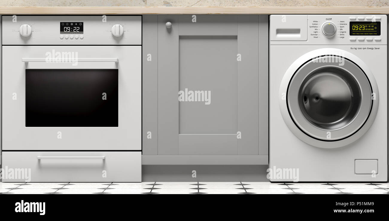 Mobili da cucina, forno elettrico e lavatrice sul pavimento piastrellato, anteriore, primo piano. 3d illustrazione Foto Stock