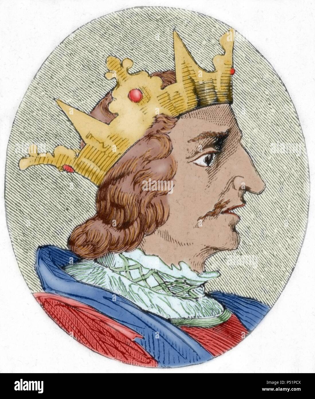 Alfonso XI (1311-1350). Re di Castiglia, Leo n e la Galizia. Figlio di Ferdinando IV di Castiglia e sua moglie Costanza del Portogallo. Incisione colorata. Foto Stock