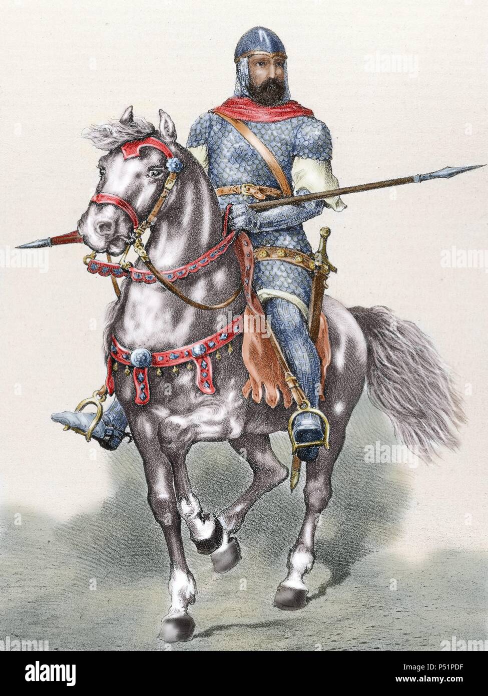 Rodrigo Diaz de Vivar (c.1043-1099), conosciuta come El Cid. Nobile castigliano, capo militare e diplomatico. El Cid Babieca equitazione. Incisione colorata. Foto Stock