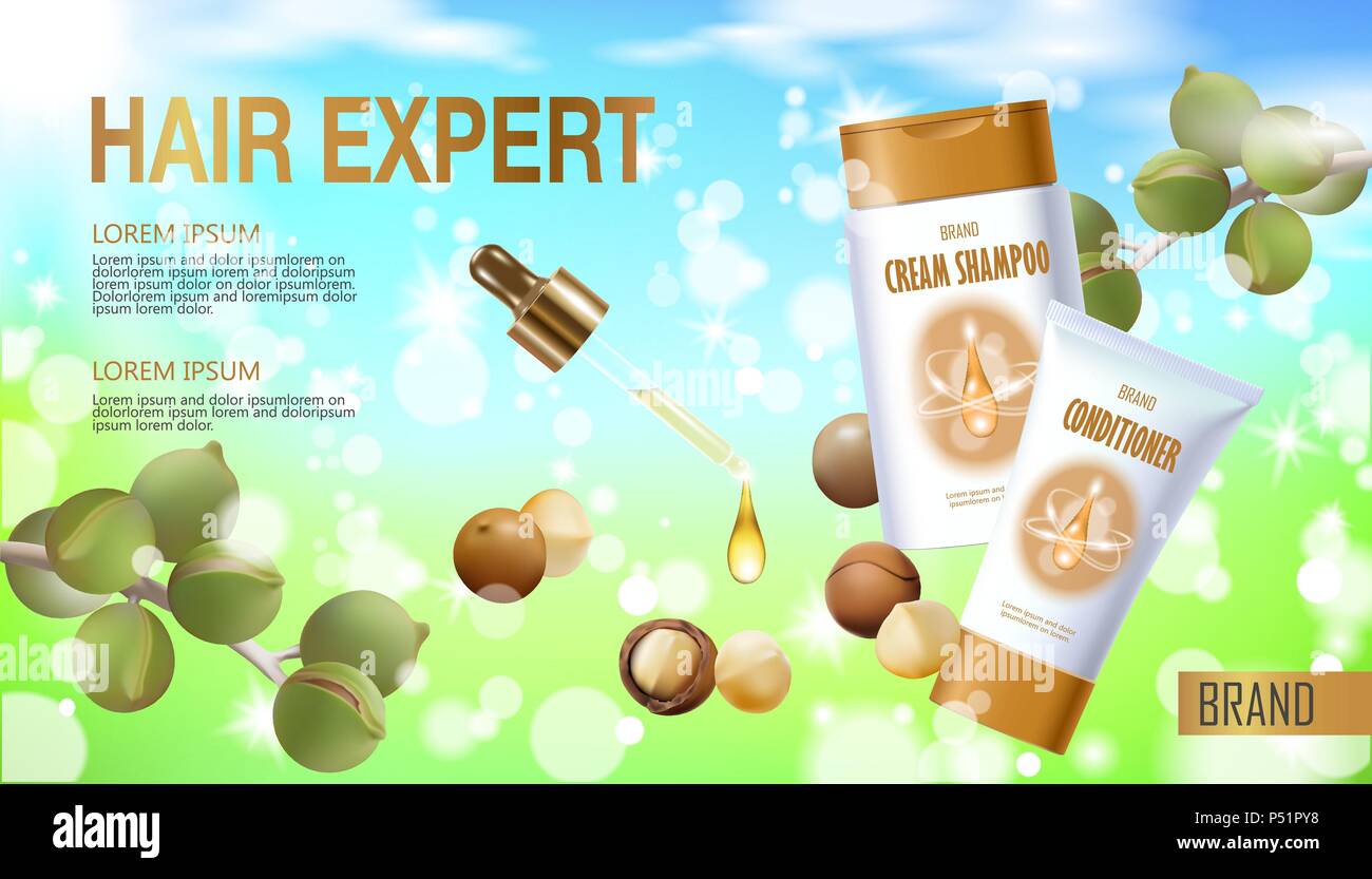 3d realistiche di noci macadamia cosmetico olio modello di annuncio La luce del cielo estivo soleggiato shampoo per capelli siero di condizionatore di vetro trasparente di cure di bellezza. Poster promozionali modello illustrazione vettoriale Illustrazione Vettoriale