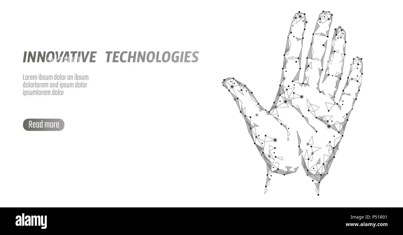 Bassa poli mano scansione cyber security. Identificazione personale handprint impronte digitali codice ID. I dati delle informazioni di accesso di sicurezza. Rete Internet futuristica tecnologia biometria verifica dell'identità del vettore Illustrazione Vettoriale