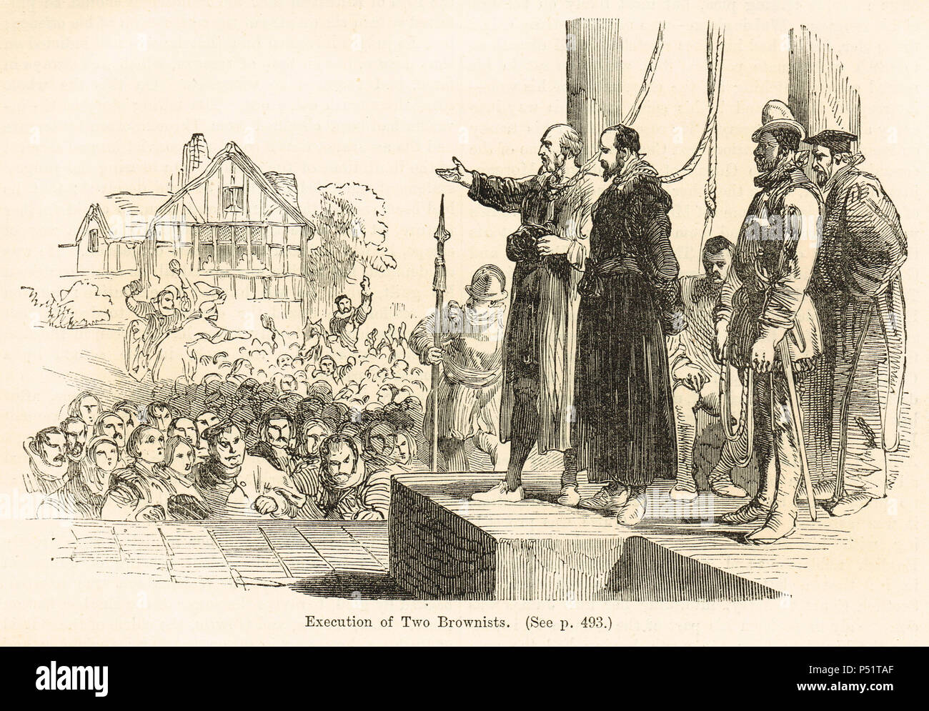 Un'esecuzione di due Brownists, gruppo di dissidenti in inglese, inizio separatisti dalla chiesa di Inghilterra nel XVI secolo Foto Stock