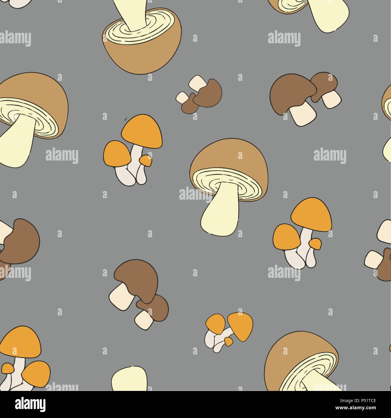 I funghi commestibili pattern seamless. Illustrazione Vettoriale. Marrone e arancione di funghi su sfondo grigio. I colori Pantone. Illustrazione Vettoriale