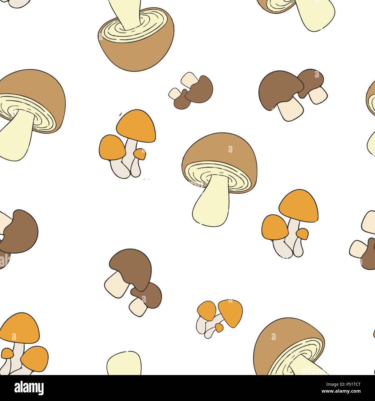 I funghi commestibili pattern seamless. Illustrazione Vettoriale. Marrone e arancione di funghi isolati su sfondo bianco. Illustrazione Vettoriale