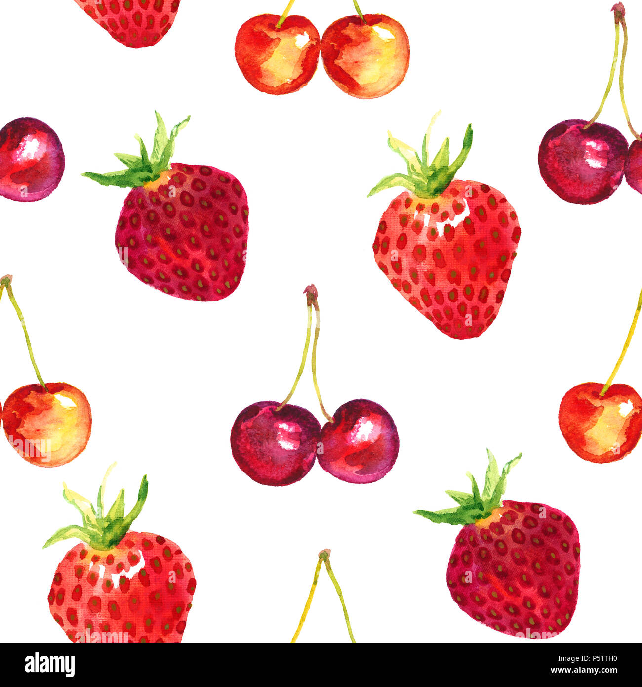 Fragole, fragoline, le ciliegie e le ciliege dolci varietà, seamless pattern design dipinte a mano illustrazione ad acquerello Foto Stock