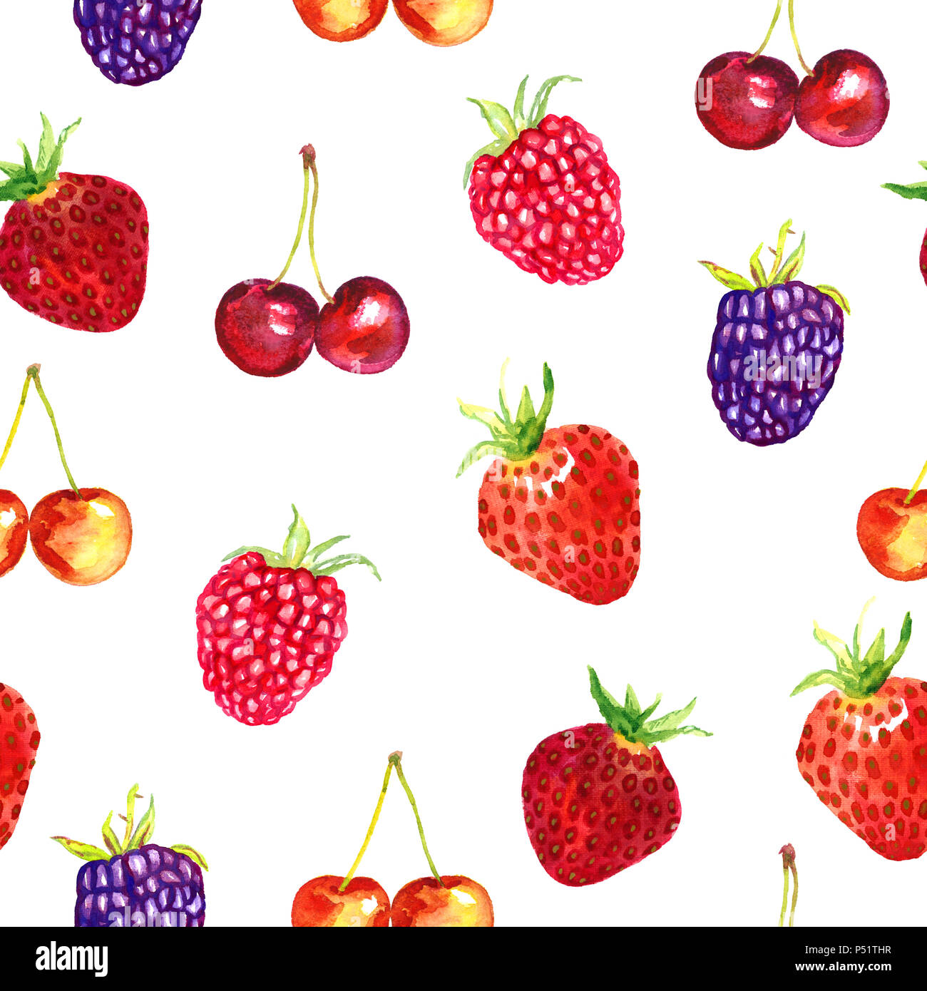 Fragole, fragoline, more, lamponi e ciliegie e ciliegie dolci varietà, seamless pattern design dipinto a mano acquerello Foto Stock