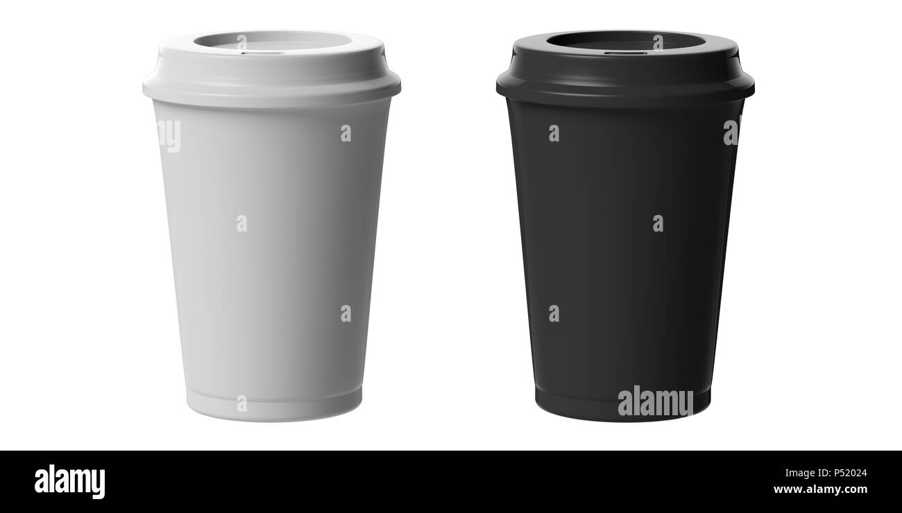 Caffè di andare concetto. Tazze di caffè nero e bianco, 2, con un coperchio, intaglio, isolato su uno sfondo bianco, 3d'illustrazione. Foto Stock Caffè di andare concetto. Tazze di caffè nero e bianco, 2, con un coperchio, intaglio, isolato su uno sfondo bianco, 3d'illustrazione. Foto Stock