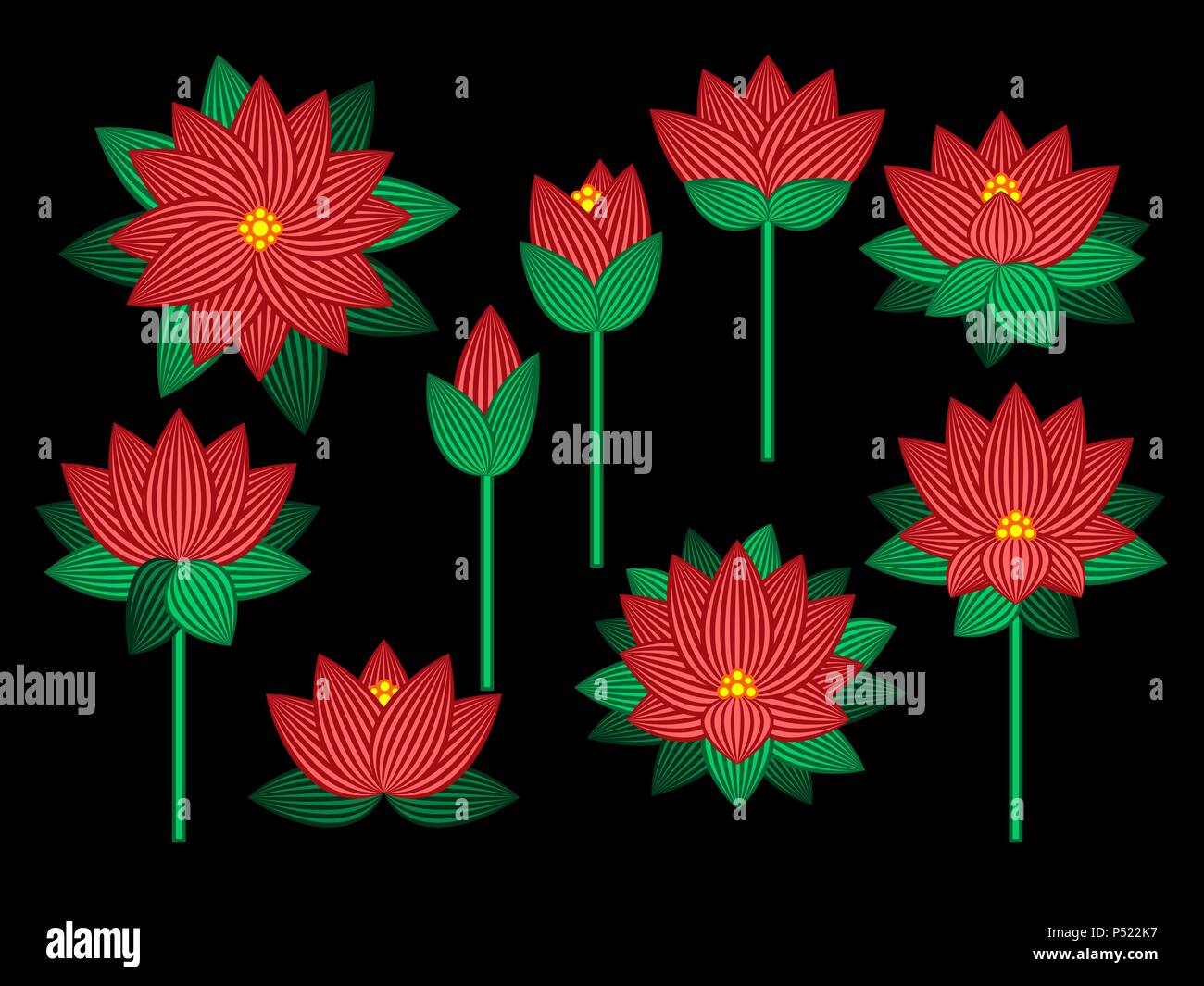 Set di fiori di loto isolati su sfondo nero. Illustrazione Vettoriale. Illustrazione Vettoriale