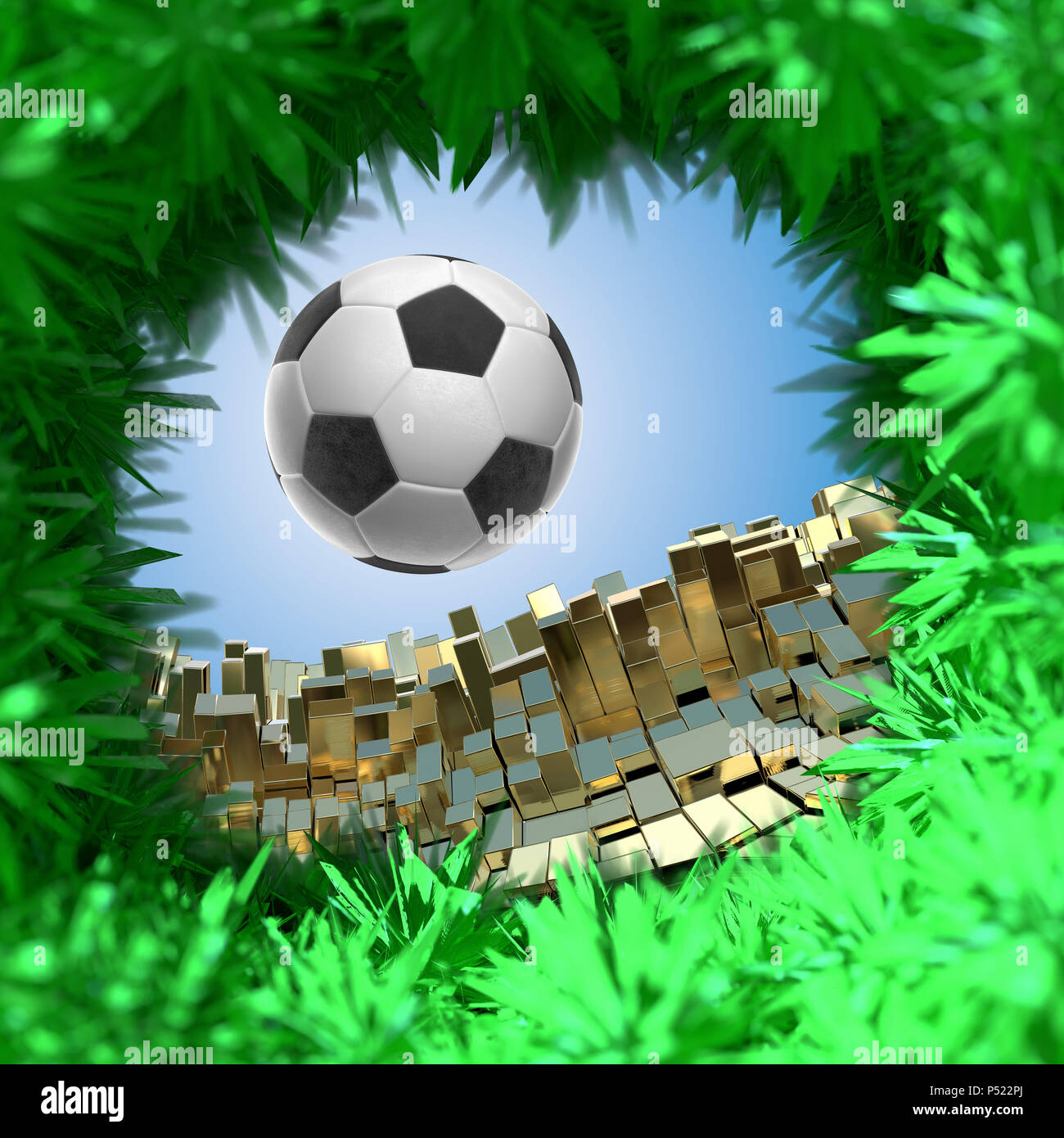 Pallone da calcio isolati su golden sfondo architettonico 3d illustrazione Foto Stock