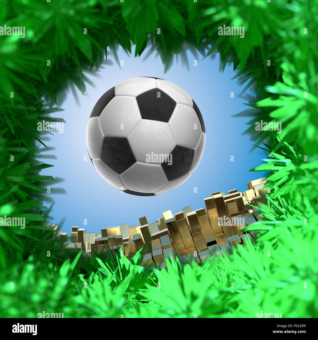 Pallone da calcio isolati su golden sfondo architettonico 3d illustrazione Foto Stock