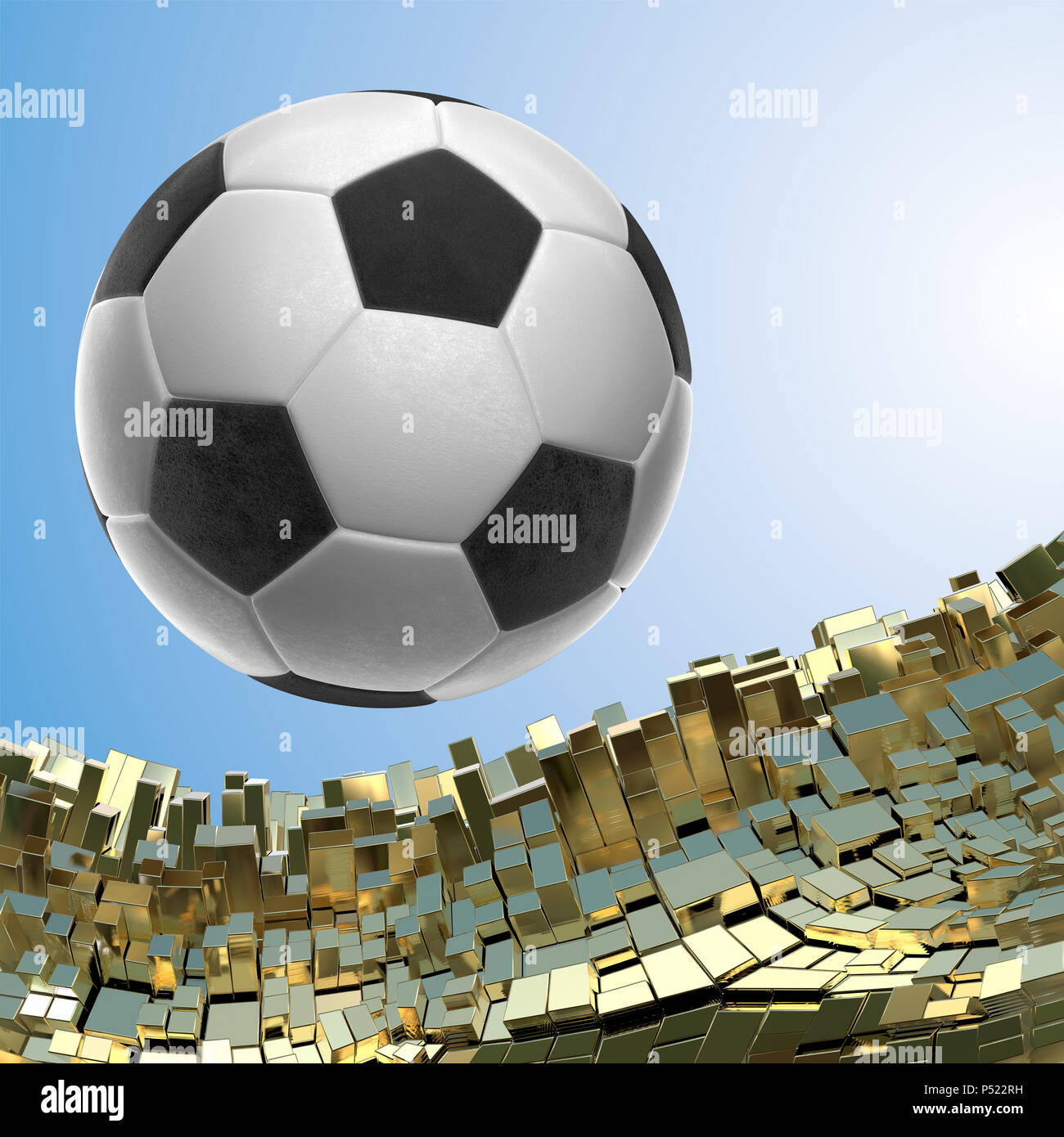 Pallone da calcio isolati su golden sfondo architettonico 3d illustrazione Foto Stock