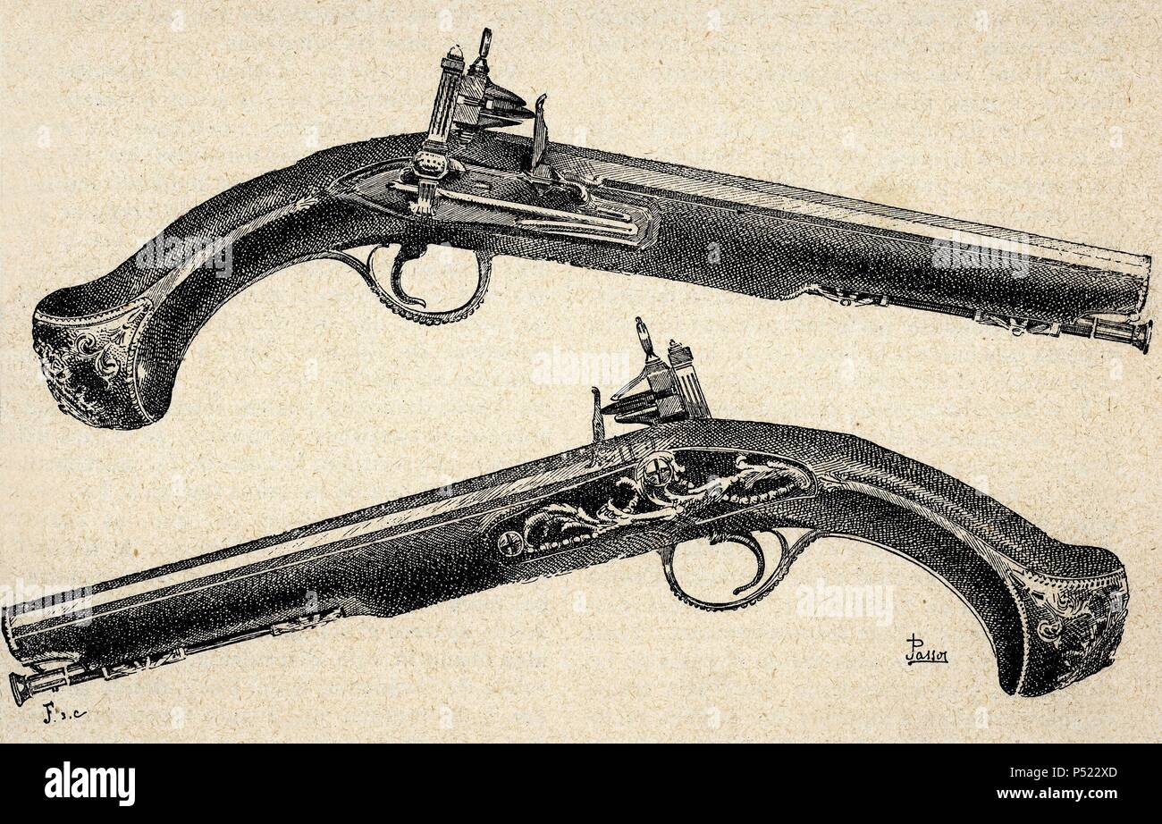 Pistole. Il XVIII secolo. Incisione. Foto Stock