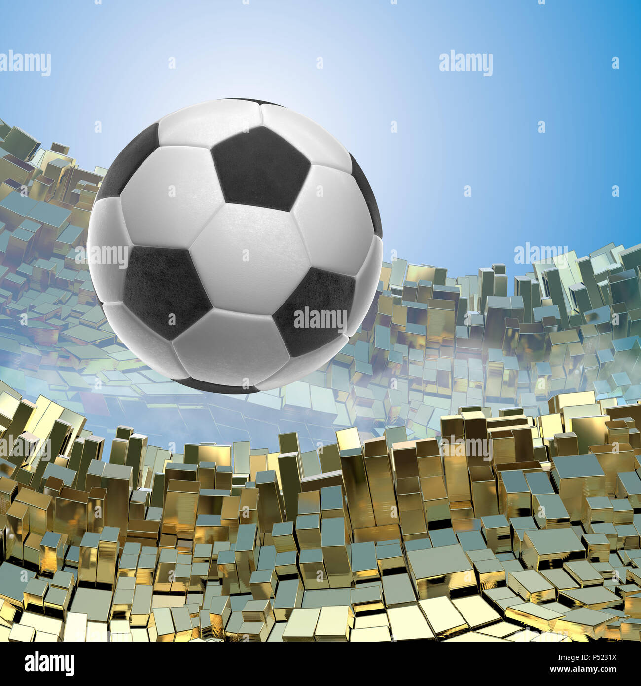 Pallone da calcio isolati su golden sfondo architettonico 3d illustrazione Foto Stock