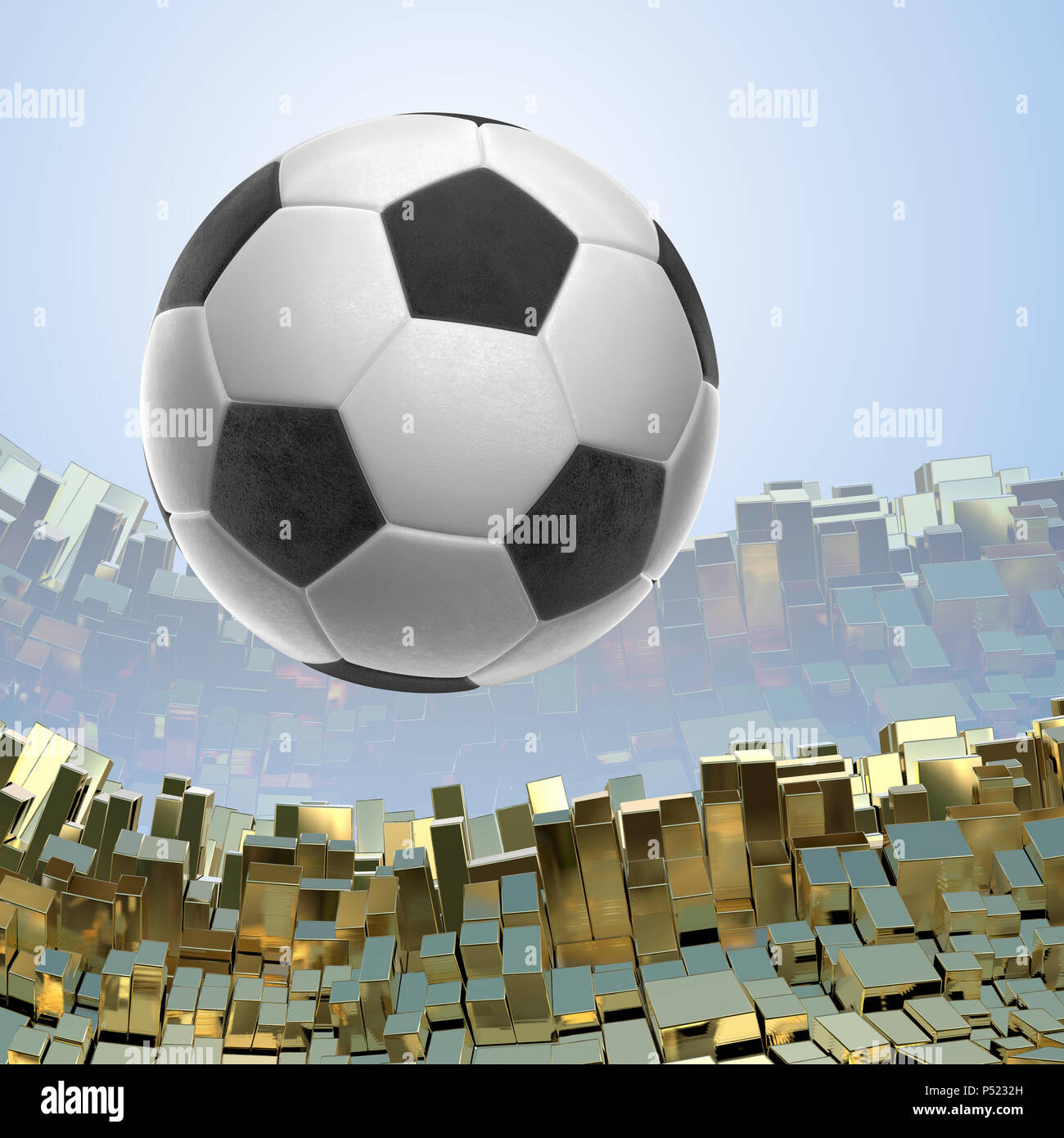 Pallone da calcio isolati su golden sfondo architettonico 3d illustrazione Foto Stock