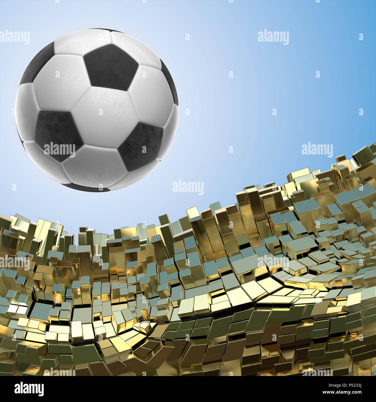 Pallone da calcio isolati su golden sfondo architettonico 3d illustrazione Foto Stock