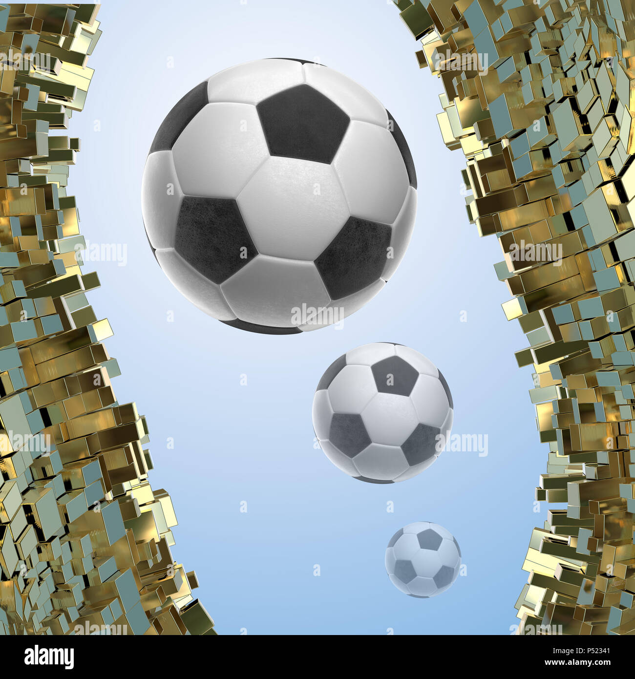 Soccer-sfere isolate su golden sfondo architettonico 3d illustrazione Foto Stock