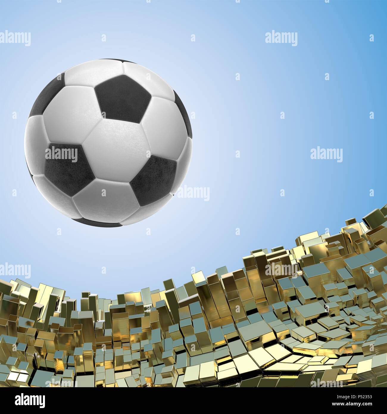 Pallone da calcio isolati su golden sfondo architettonico 3d illustrazione Foto Stock
