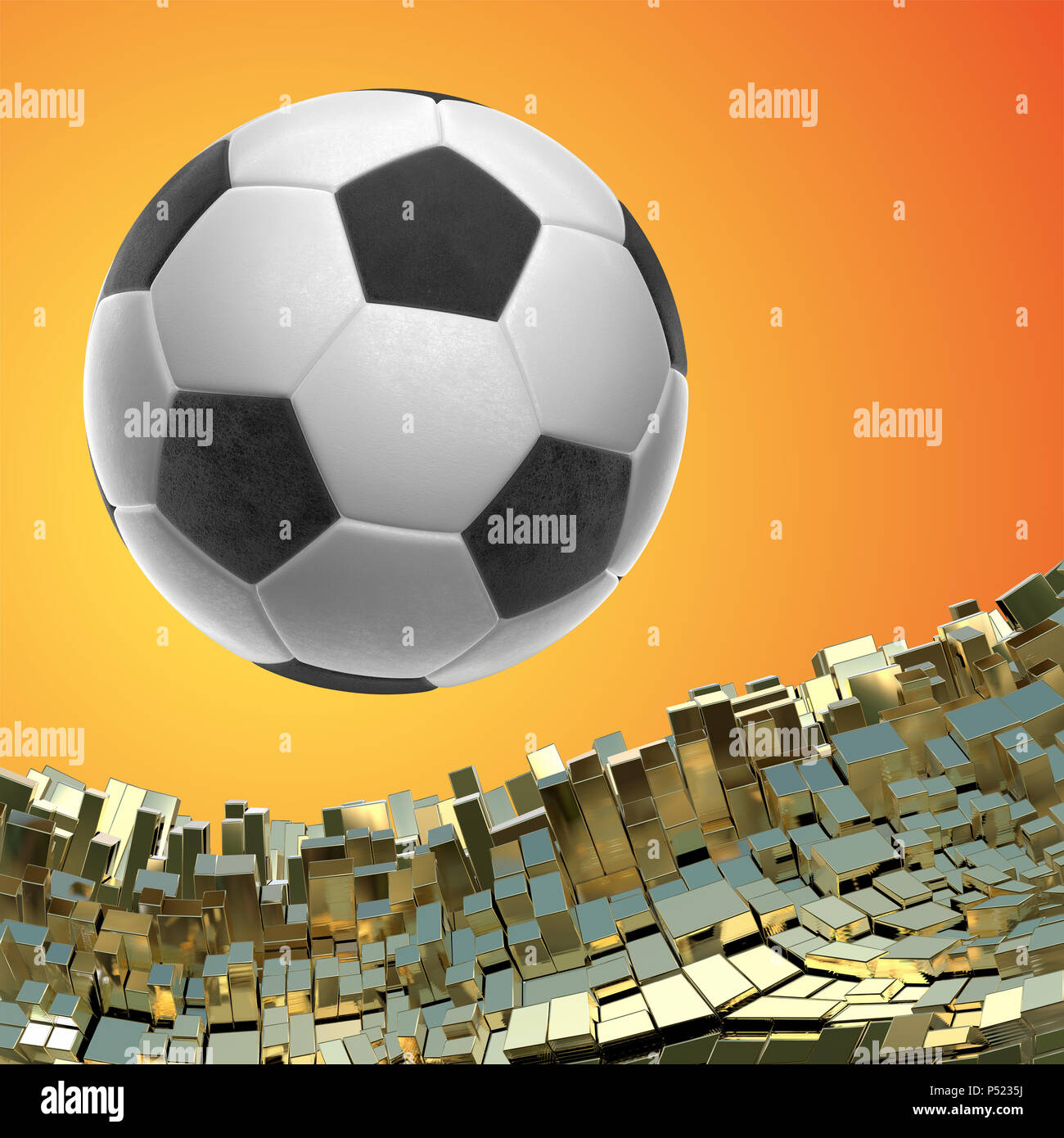 Pallone da calcio isolati su golden sfondo architettonico 3d illustrazione Foto Stock