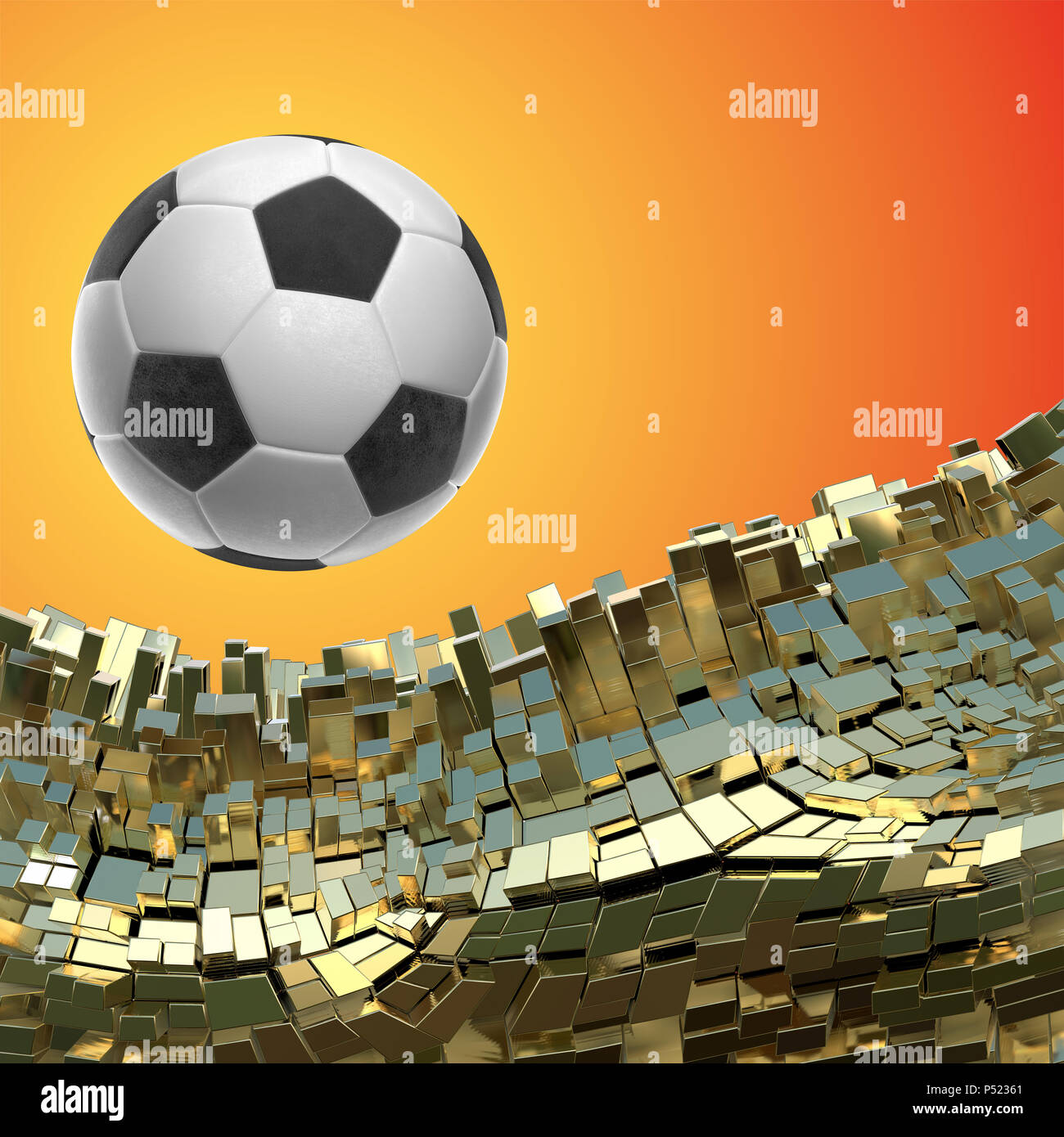 Pallone da calcio isolati su golden sfondo architettonico 3d illustrazione Foto Stock