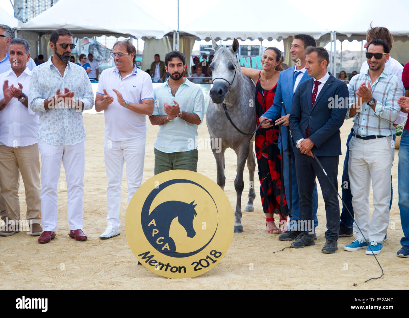 Menton, Francia. Il 24 giugno 2018. Menton, Francia - 24 Giugno 2018: Mediterraneo e nei Paesi arabi Arabian Horse campionato. Championnat de Pur Sang Arabe de la Mediterranee et des Pays Arabes. Cavalli, Cheval, Pferd, Pferde, Zucht, APCA, ECAHO, ACA, | Utilizzo di credito in tutto il mondo: dpa/Alamy Live News Foto Stock