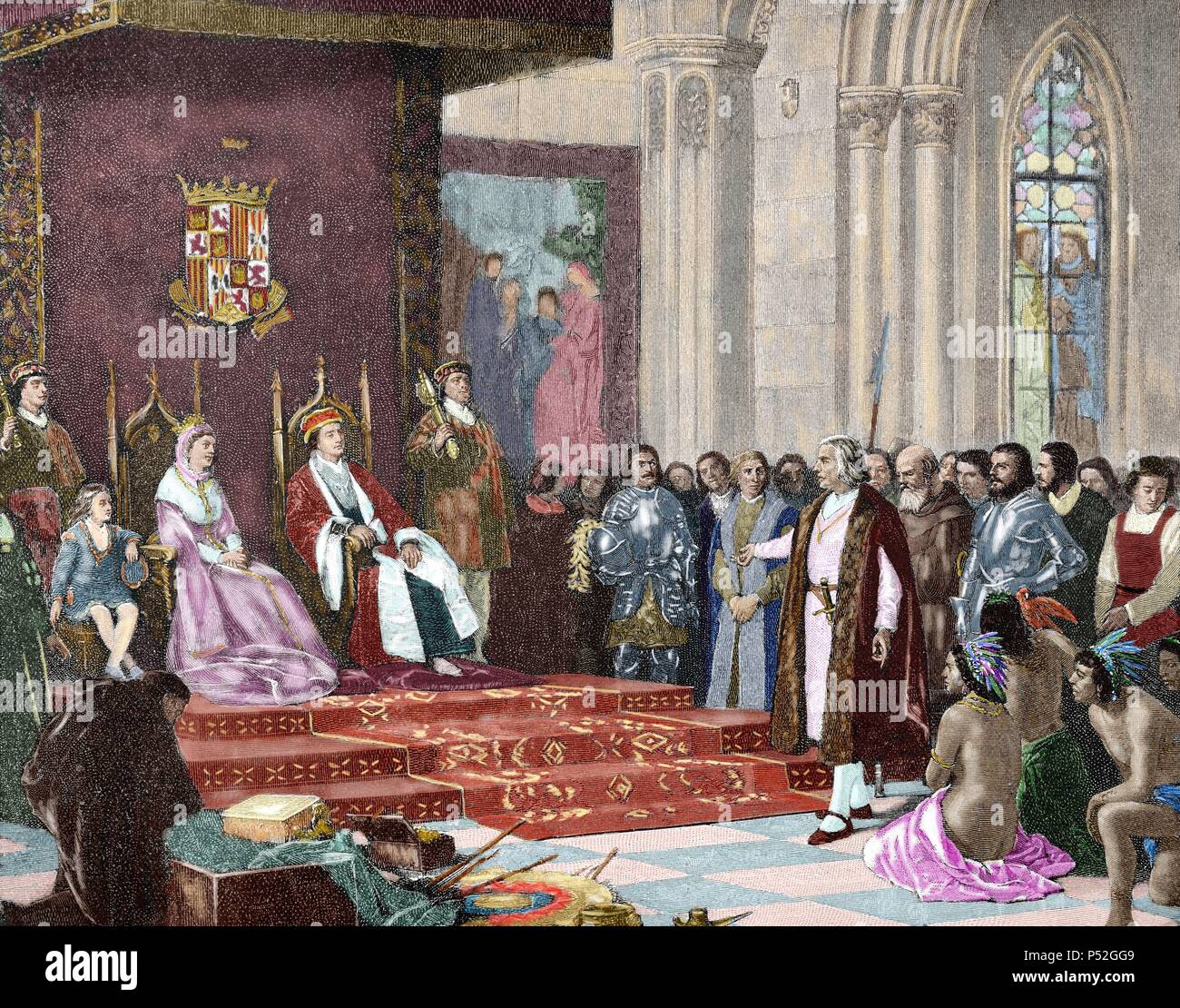 I Re Cattolici la ricezione di Columbus a Barcellona dopo il suo primo viaggio. Aprile 1493. Incisione da 'Il mondo illustrato', dall Unione Europea, 1882. Colorati. Foto Stock