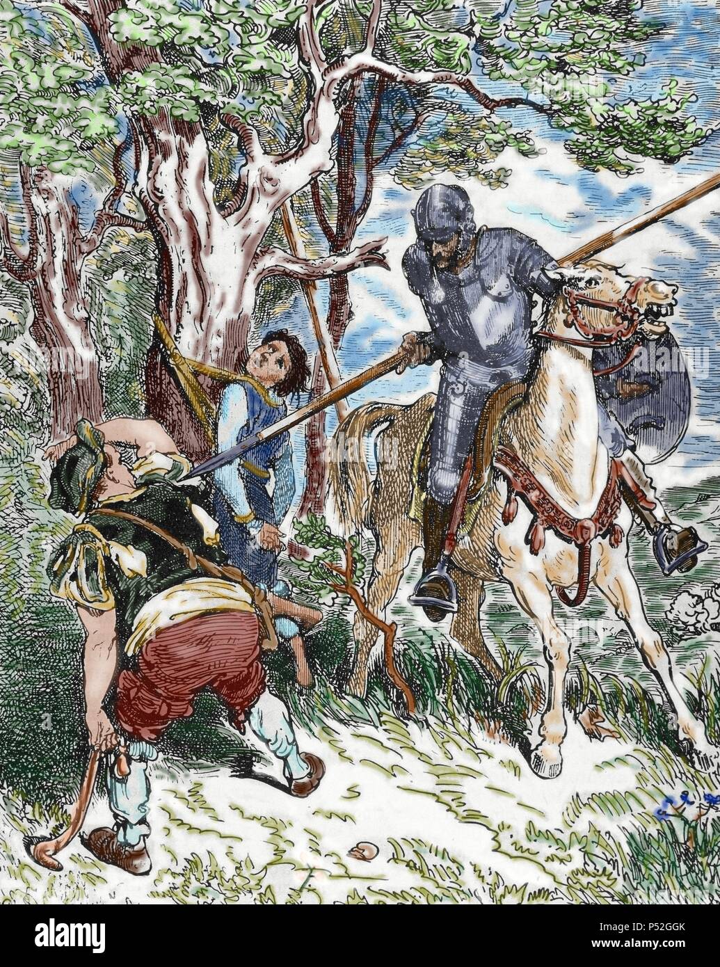 L'ingegnoso Hidalgo Don Chisciotte della Mancia da scrittore spagnolo Miguel de Cervantes (1547-1616). Scena con Don Chisciotte. Il pisano incisione di un disegno da Gustave Dore (1833-1883). Colorati. Foto Stock