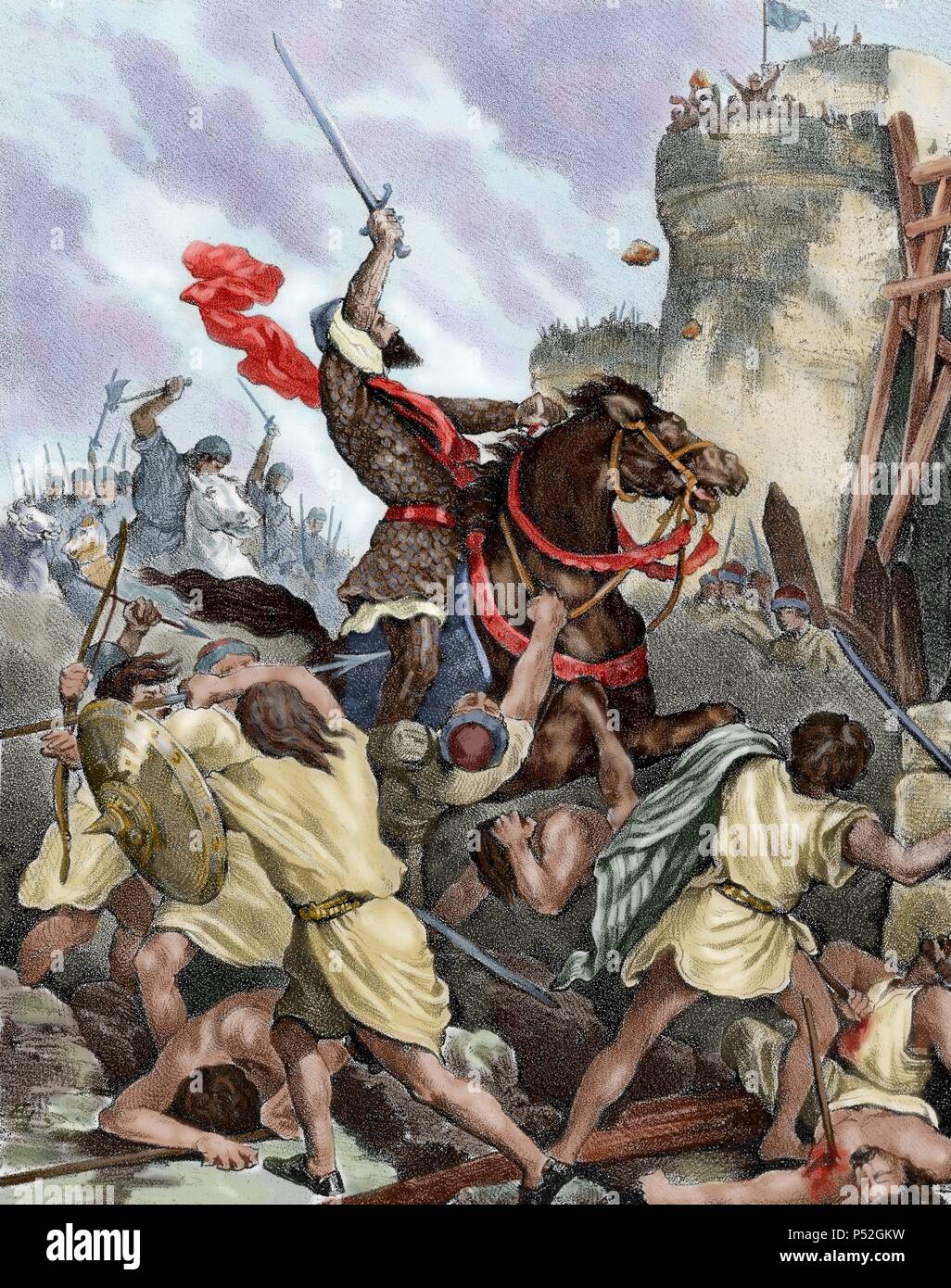 Rodrigo Diaz de Vivar (c.1043-1099), conosciuta come El Cid. Nobile castigliano, capo militare e diplomatico. Conquista di Valencia (15 giugno 1094). Spagna. Incisione colorata. Foto Stock
